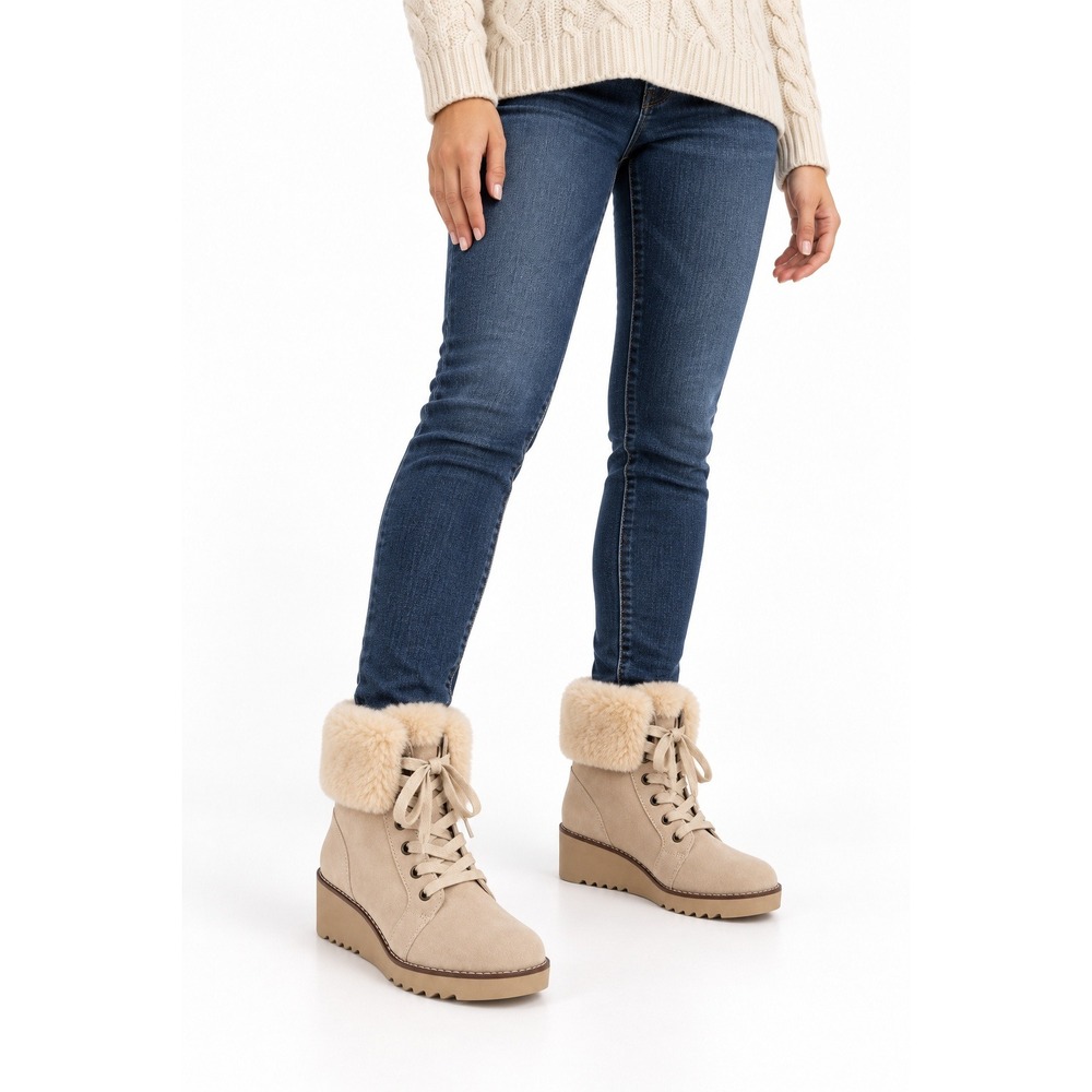 STYLE & CO Iggyy Sand Suede Faux Fur Lace-Up Wedge Boots Size 7M NWT